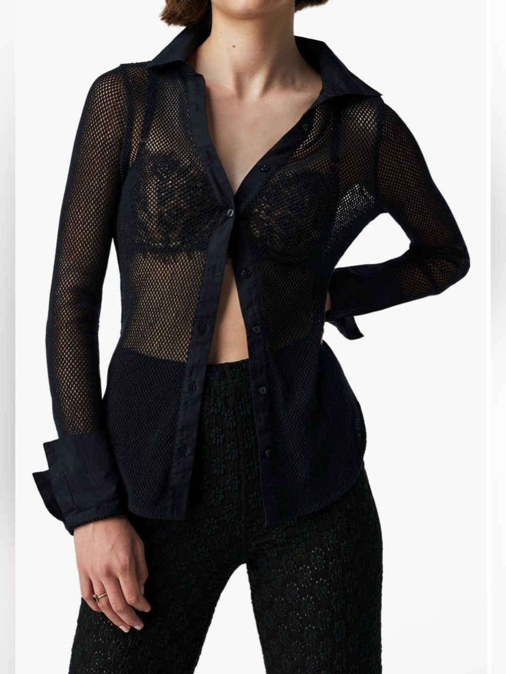 Free People Siggi Open Stitch Cotton Button-up Shirt Black NWT Size Small